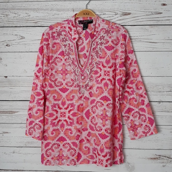 Peck & Peck Tops - Peck & Peck Pink Print Bead Embroidered Tunic